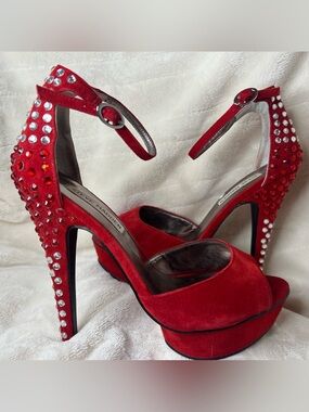 Steve Madden Red Suede Platform Stiletto Heels with Rhinestone Stud Accents
